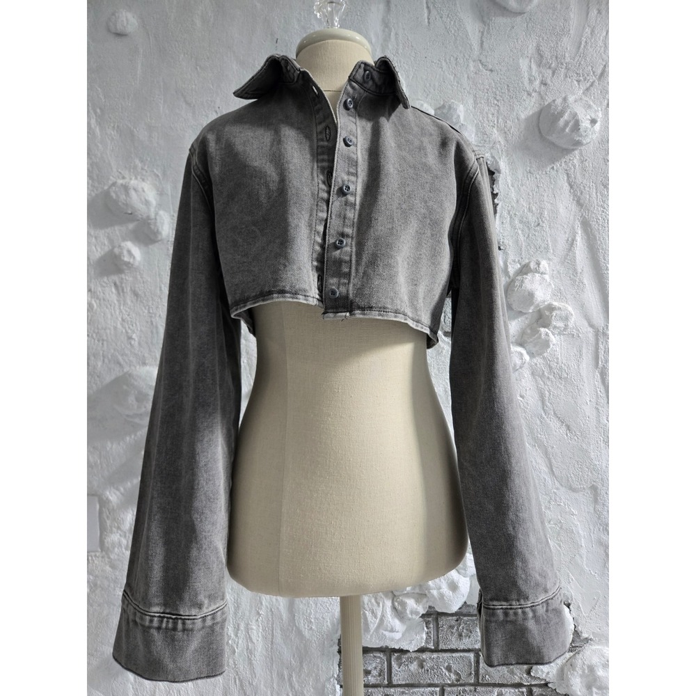 PrettyLittleThing Grey Acid Wash Cropped Denim Shirt Jacket Size 8 NEW